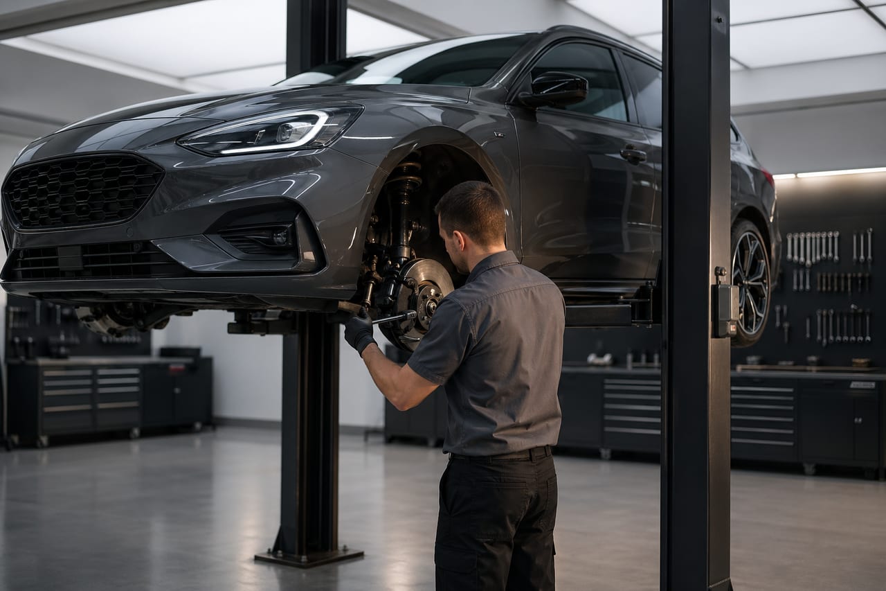Modernes Auto auf der Hebebühne in einer professionellen Werkstatt